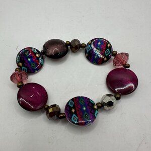 Colorful Beaded Stretch Bracelet With Mixed Patterns & Pink Accents